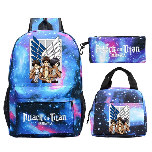 3pcs/set Attack on Titan Backpack Set – Eren & Levi School Bag with Lunch Bag & Pencil Case