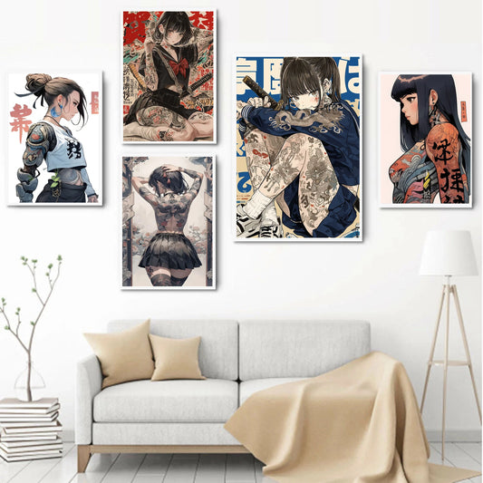 Japanese Samurai Lady Poster – Canvas Wall Art with Dragon Tattoo Design
