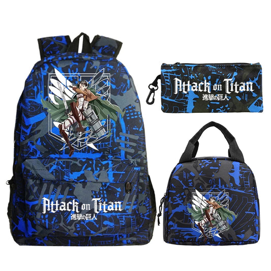 3pcs/set Attack on Titan Backpack Set – Eren & Levi School Bag with Lunch Bag & Pencil Case