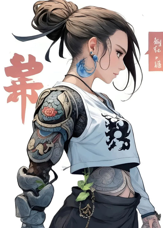 Japanese Samurai Lady Poster – Canvas Wall Art with Dragon Tattoo Design